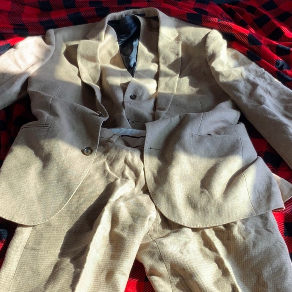 Brown linen suit by jcrew.